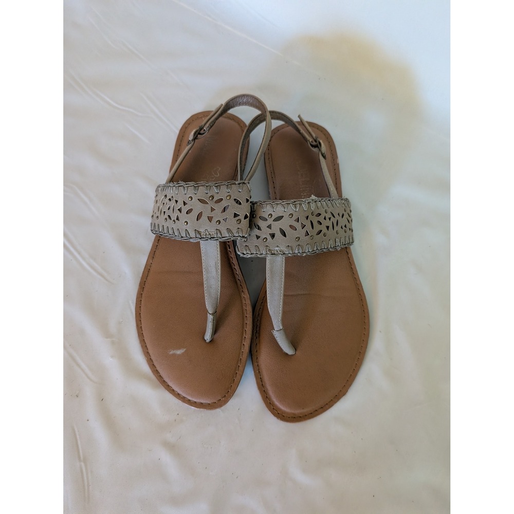 Madeline Girl Womens Taupe Laser Cut Studded Ankle Strap Thong Sandals Size 10M